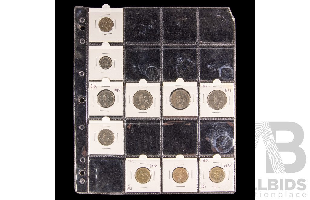 Collection of Vintage United Kingdom Coins Including Pounds, Half, Crowns, Shillings, New Pence, Commemorative, Examples Spanning 1903 to 2001