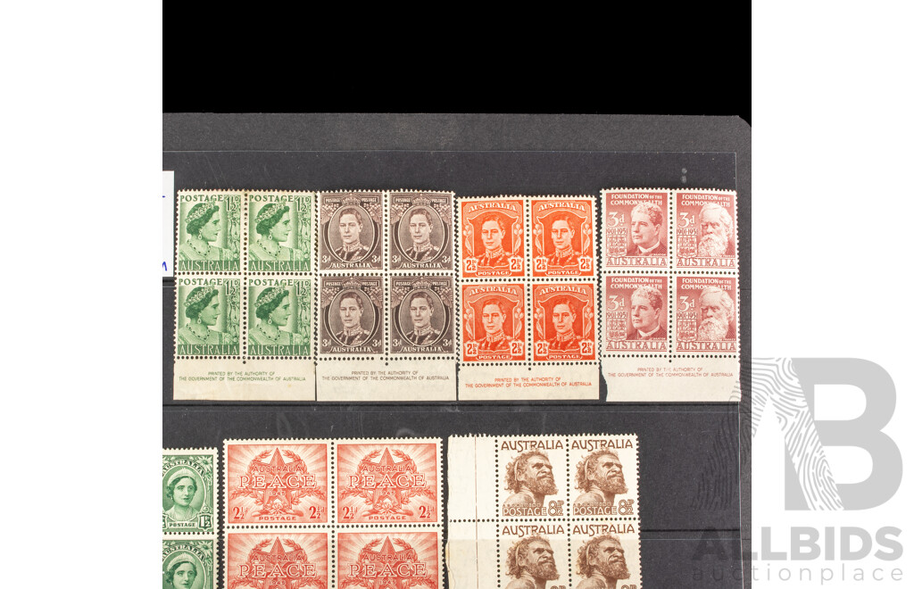 Collection of Australian Mint Predecimal Stamp Blocks Including KGVI, QE2, John Ash Print
