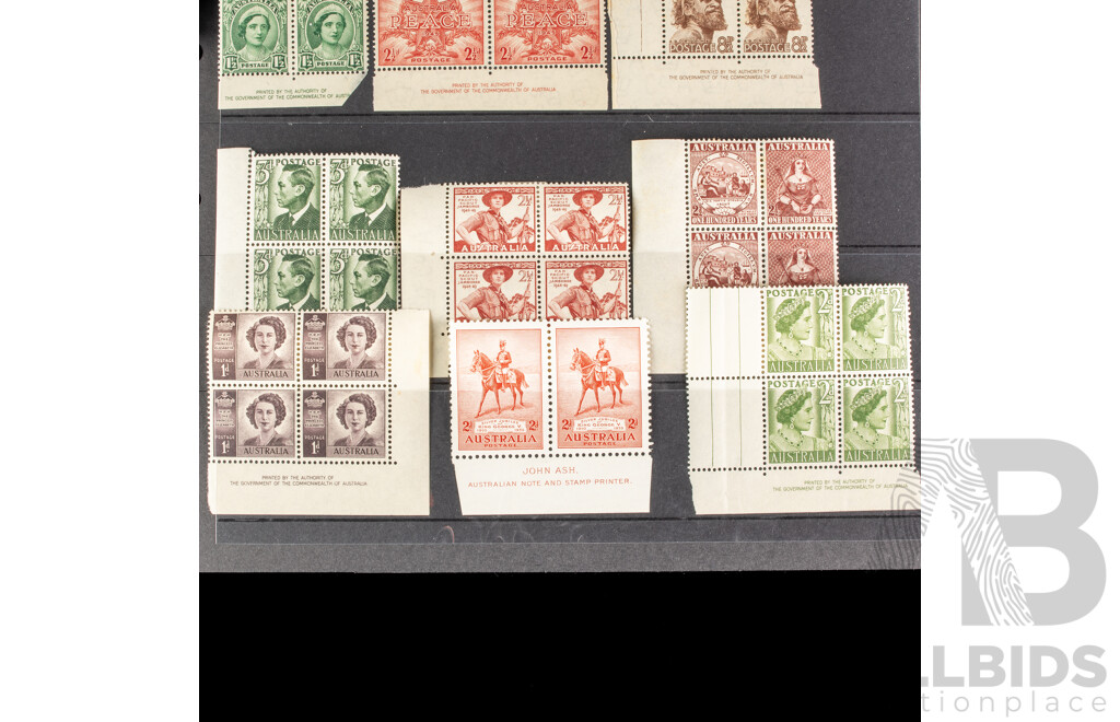 Collection of Australian Mint Predecimal Stamp Blocks Including KGVI, QE2, John Ash Print