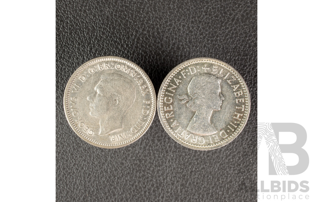 Australian 1958 KGVI Silver Shilling High Grade and 1946 with Die Crack .500