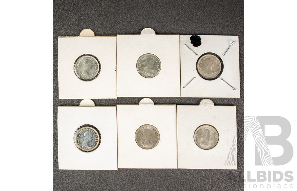 Six Australian QE2 Silver Sixpence, All High Grade .500