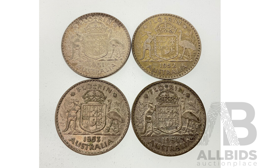 Four Australian KGVI/QE2 Silver Florins, 1951, 1952, 1953, 1954 .500
