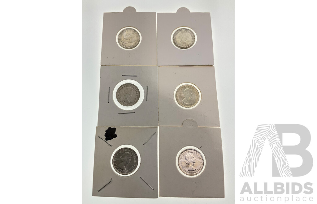 Six Australian KGVI/QE2 Silver Sixpence, 1950, 1959, 1960, 1961, 1962, 1963  .500