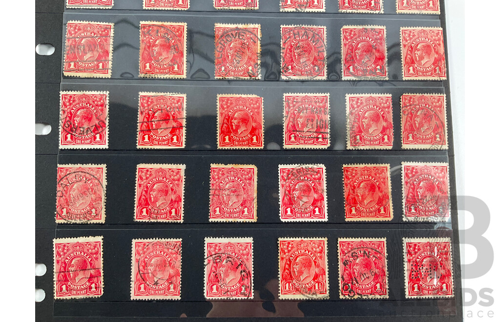 Australian 1913 KGV One Penny Stamps, Various Water Marks and Shades, Some Perforated