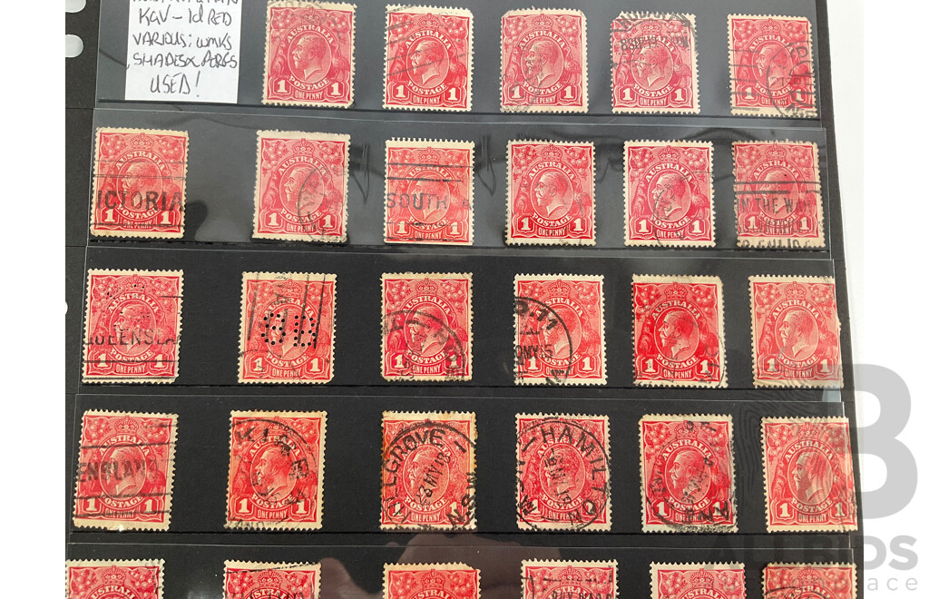 Australian 1913 KGV One Penny Stamps, Various Water Marks and Shades, Some Perforated