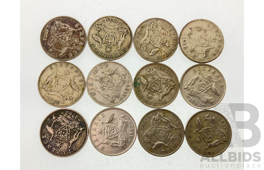 Twelve Australian QE2 Silver Sixpence, Examples Spanning 1954 to 1963  .500