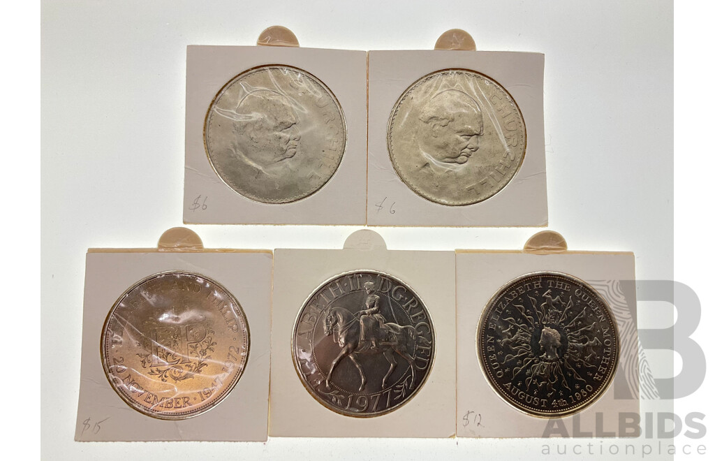 Five United Kingdom Commemorative Crowns Including 1965 Churchill(2), 1972 Elizabeth and Phillip Silver Wedding, 1977 Jubilee, 1980 Queen Mother Birthday