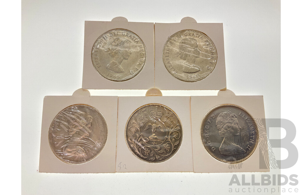 Five United Kingdom Commemorative Crowns Including 1965 Churchill(2), 1972 Elizabeth and Phillip Silver Wedding, 1977 Jubilee, 1980 Queen Mother Birthday