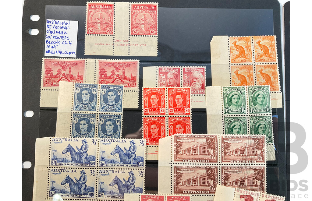 Collection of Australian Predecimal Mint Stamp Blocks Including 1935 ANZAC Commemoration John Ash Print, 1935 KGV Silver Jubilee John Ash Print, 1945 Peace, 1951 Foundation of Commonwealth and More