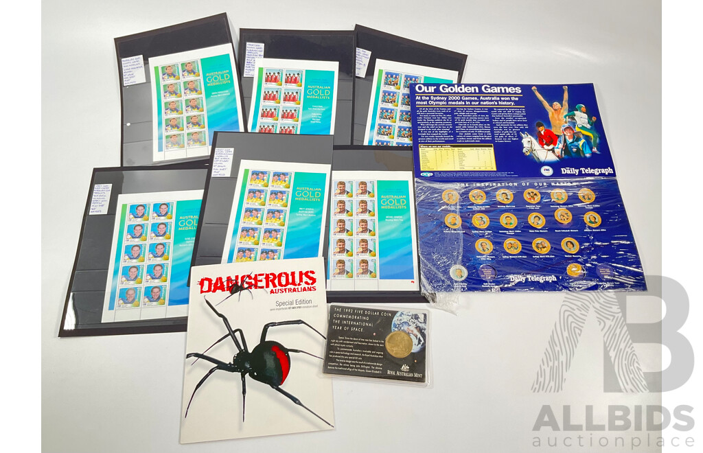 Australian 1992 Five Dollar Coin, International Year of Space with Six 2000 Mint Stamp Sheets, Sydney Olympics, Dangerous Special Edition Semi Imperforate Mini Stamp Sheet