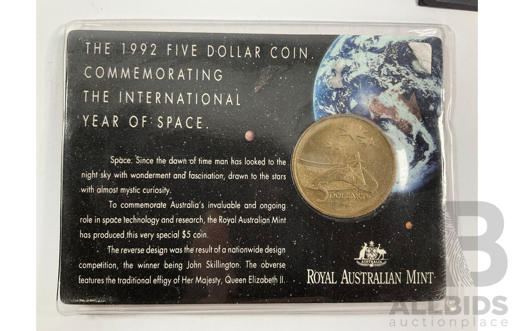 Australian 1992 Five Dollar Coin, International Year of Space with Six 2000 Mint Stamp Sheets, Sydney Olympics, Dangerous Special Edition Semi Imperforate Mini Stamp Sheet