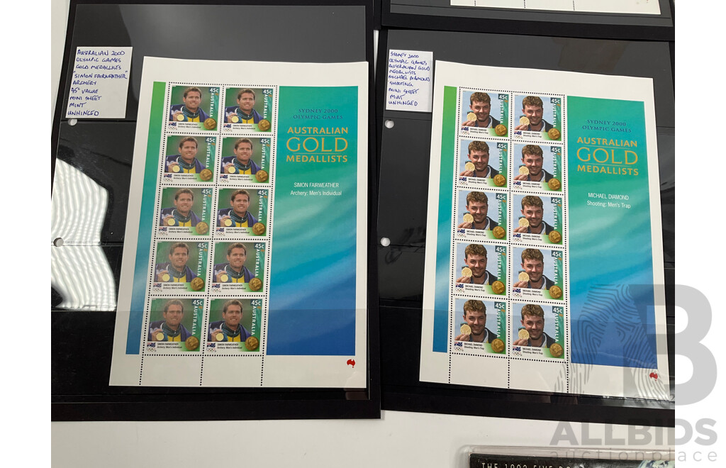 Australian 1992 Five Dollar Coin, International Year of Space with Six 2000 Mint Stamp Sheets, Sydney Olympics, Dangerous Special Edition Semi Imperforate Mini Stamp Sheet