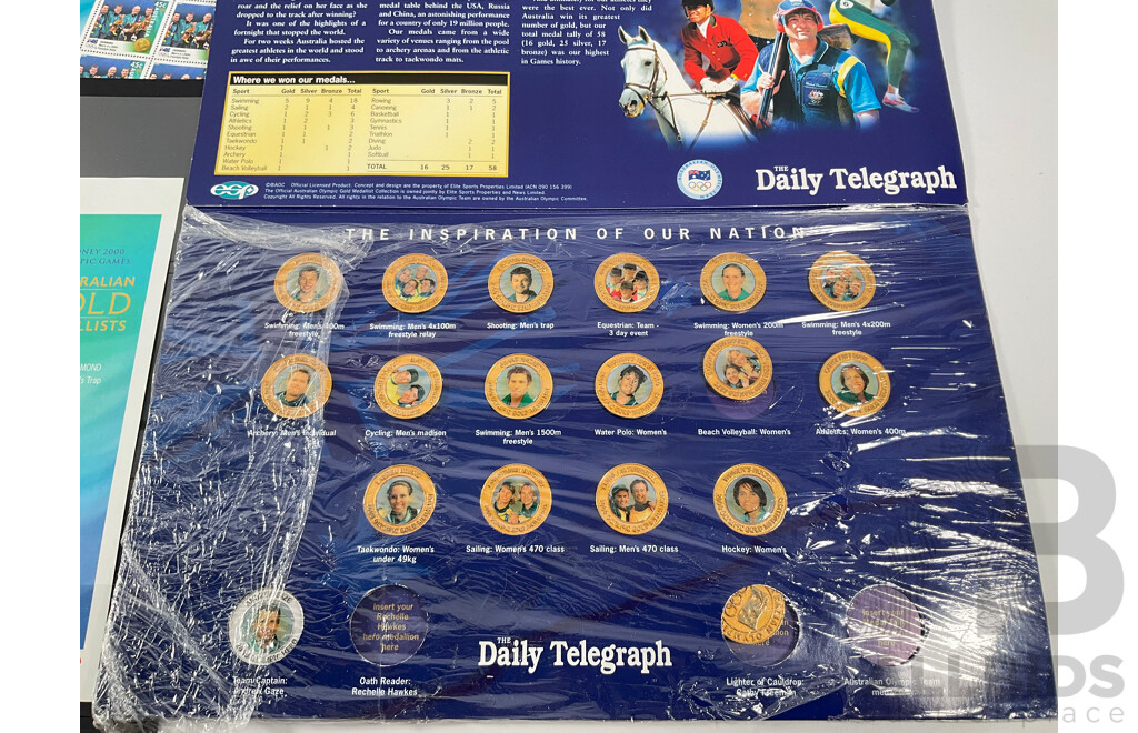 Australian 1992 Five Dollar Coin, International Year of Space with Six 2000 Mint Stamp Sheets, Sydney Olympics, Dangerous Special Edition Semi Imperforate Mini Stamp Sheet
