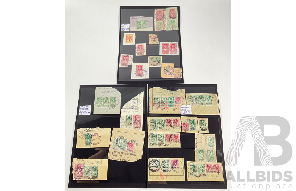 Great Britain and Germany Consular Service, Foreign and Diplomatic Service Stamps on Paper Spanning 1930's to 1960's, Sixpence to One Pound