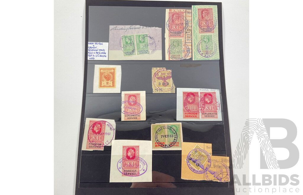 Great Britain and Germany Consular Service, Foreign and Diplomatic Service Stamps on Paper Spanning 1930's to 1960's, Sixpence to One Pound