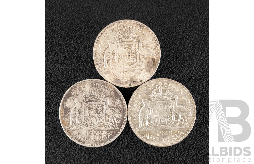 Three Australian KGVI Silver Florins, 1938, 1943, 1945 .925