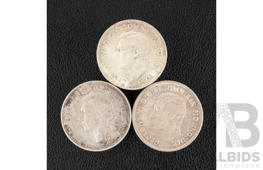 Three Australian KGVI Silver Florins, 1938, 1943, 1945 .925