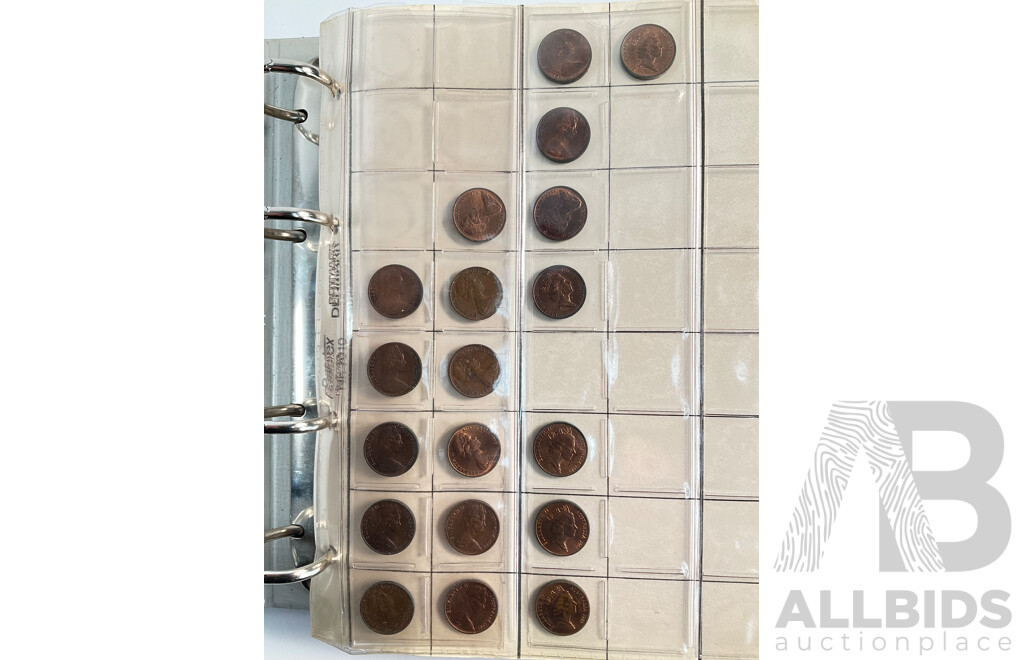 Album of Australian One and Two Cent Coins, Examples Spanning 1966 to 1990 with Vintage International Coins Including Malaysia, Philippines, Netherlands, Switzerland
