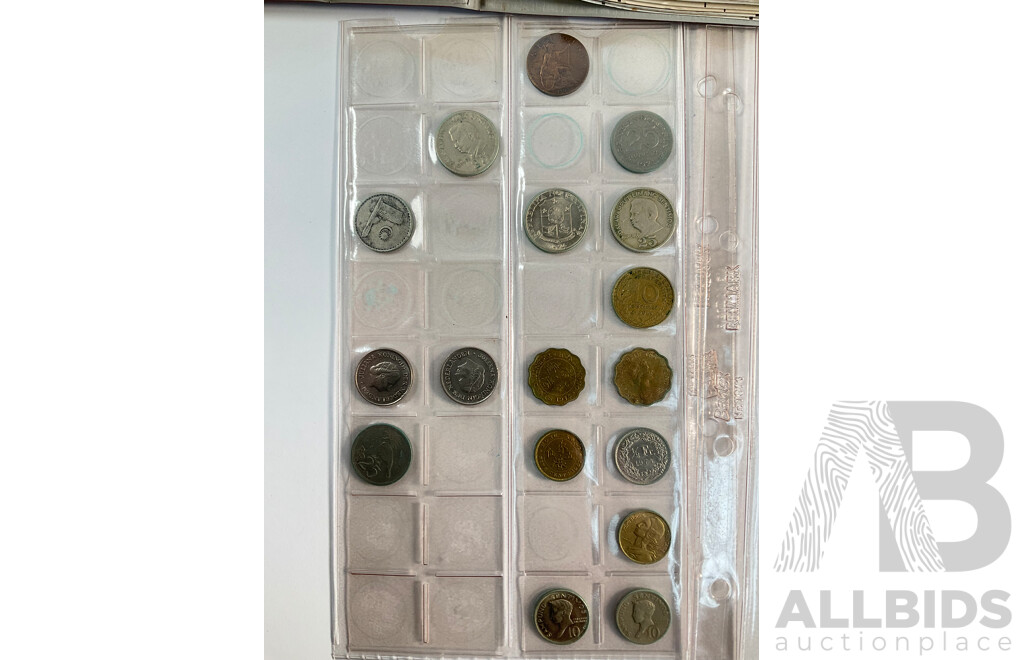 Album of Australian One and Two Cent Coins, Examples Spanning 1966 to 1990 with Vintage International Coins Including Malaysia, Philippines, Netherlands, Switzerland