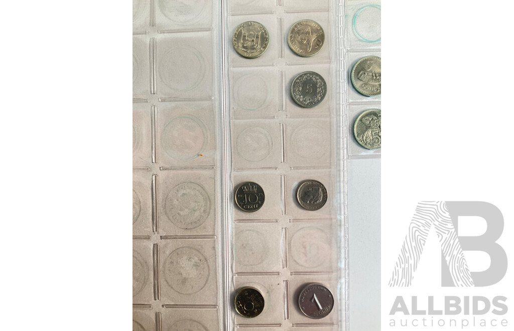 Album of Australian One and Two Cent Coins, Examples Spanning 1966 to 1990 with Vintage International Coins Including Malaysia, Philippines, Netherlands, Switzerland