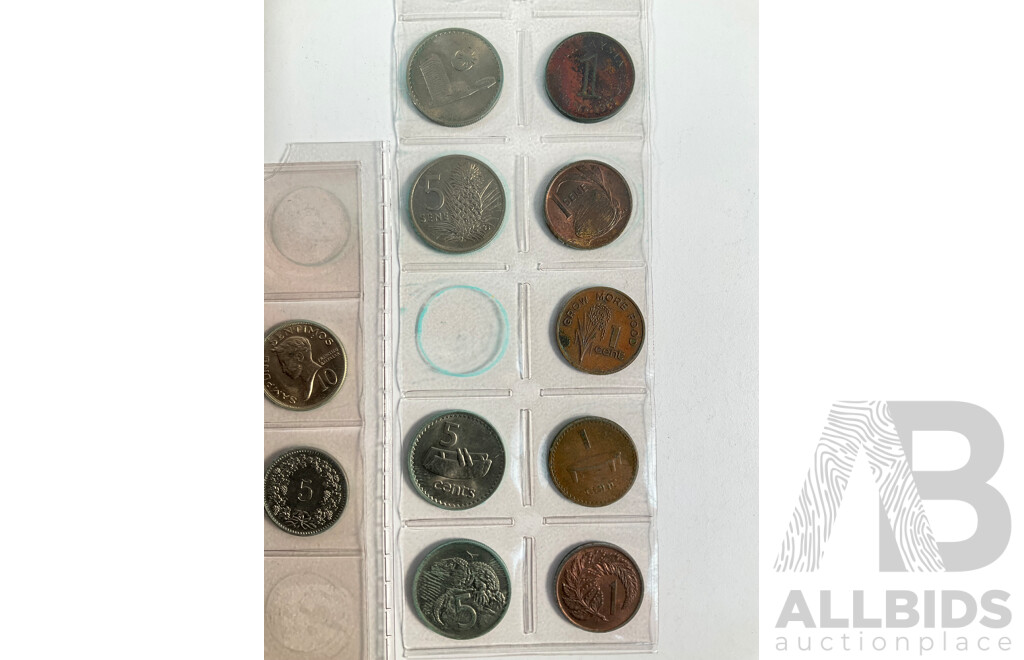 Album of Australian One and Two Cent Coins, Examples Spanning 1966 to 1990 with Vintage International Coins Including Malaysia, Philippines, Netherlands, Switzerland