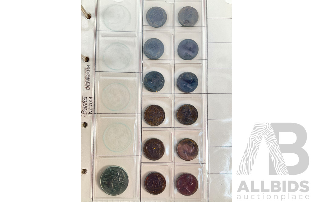 Album of Australian One and Two Cent Coins, Examples Spanning 1966 to 1990 with Vintage International Coins Including Malaysia, Philippines, Netherlands, Switzerland