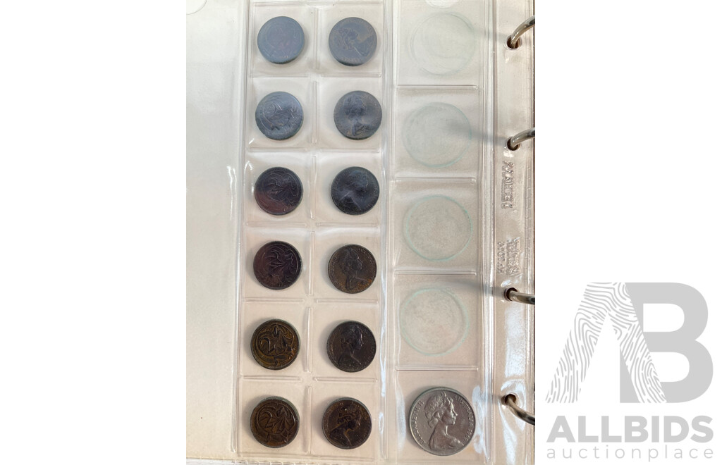 Album of Australian One and Two Cent Coins, Examples Spanning 1966 to 1990 with Vintage International Coins Including Malaysia, Philippines, Netherlands, Switzerland