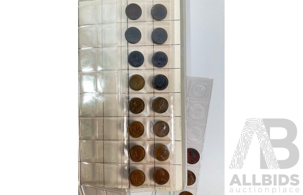 Album of Australian One and Two Cent Coins, Examples Spanning 1966 to 1990 with Vintage International Coins Including Malaysia, Philippines, Netherlands, Switzerland