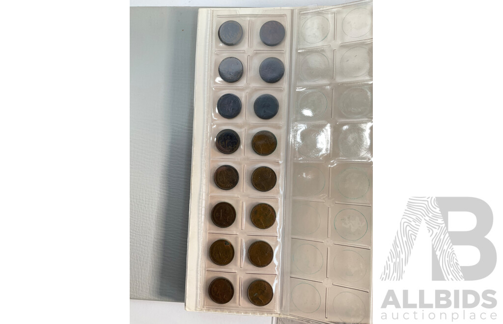 Album of Australian One and Two Cent Coins, Examples Spanning 1966 to 1990 with Vintage International Coins Including Malaysia, Philippines, Netherlands, Switzerland