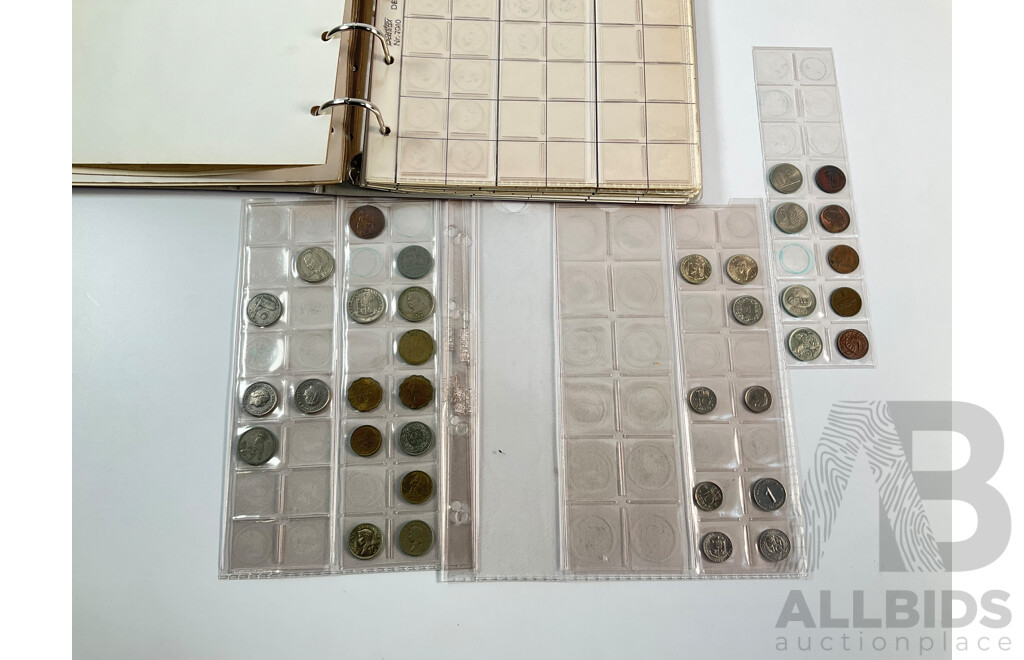 Album of Australian One and Two Cent Coins, Examples Spanning 1966 to 1990 with Vintage International Coins Including Malaysia, Philippines, Netherlands, Switzerland