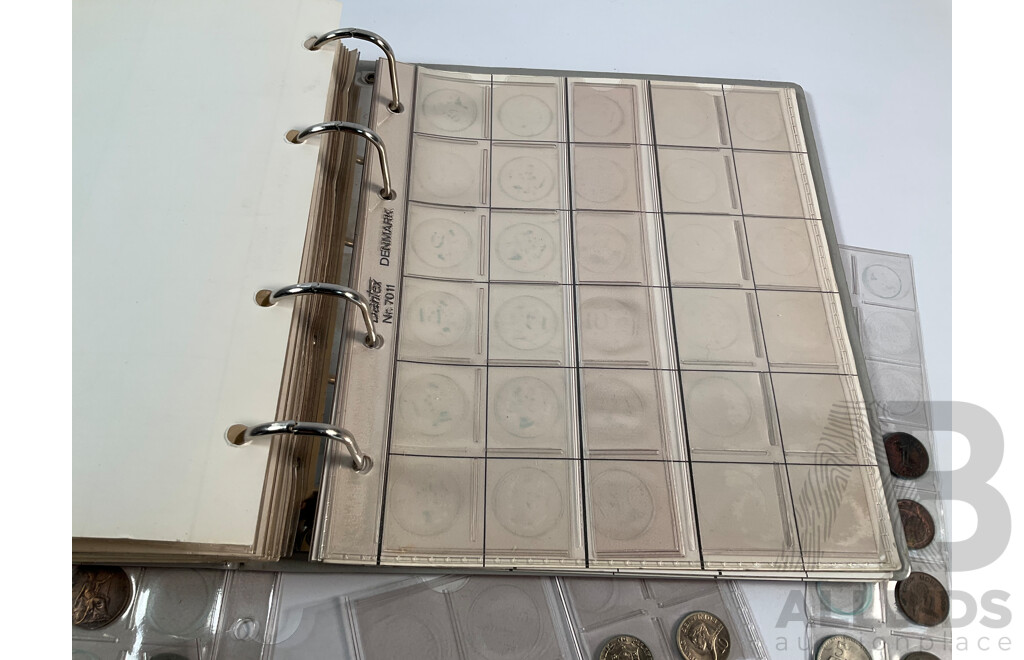 Album of Australian One and Two Cent Coins, Examples Spanning 1966 to 1990 with Vintage International Coins Including Malaysia, Philippines, Netherlands, Switzerland