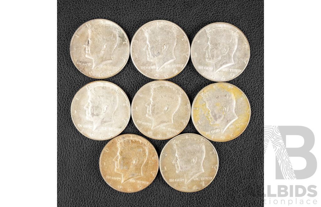 Eight USA Silver Kennedy Half Dollars Including 1965, 1967, 1968, 1969 .400