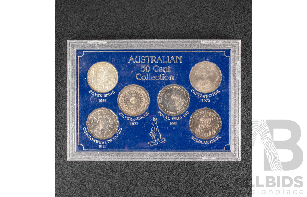 Australian Fifty Cent Coin Set, 1966 to 1982 Including 1966 Round Silver