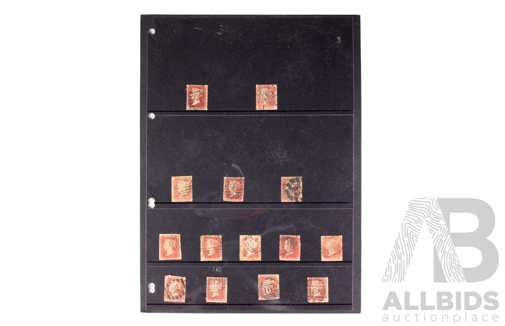 Fourteen United Kingdom Penny Red Stamps Including Perfins, Various Shades and Plates