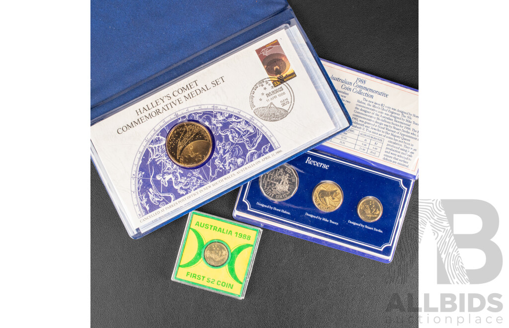 Australian UNC Coins Including 1988 Arnott's Three Coin Set, 1988 Two Dollar Coin, First Year Issue, Halley's Comet 1986 Commemorative Medal Set