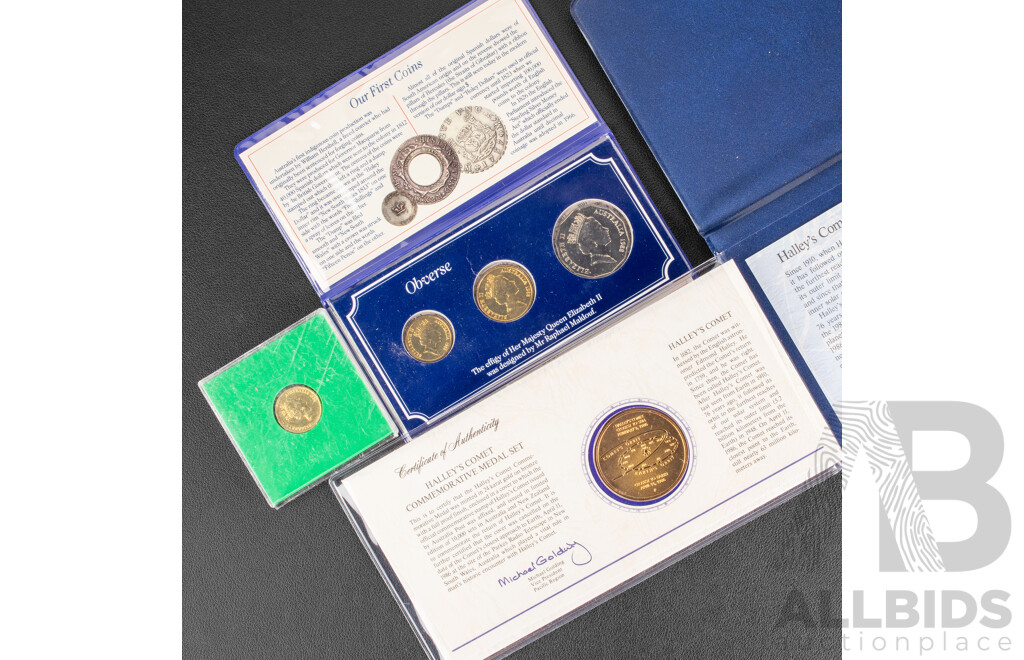 Australian UNC Coins Including 1988 Arnott's Three Coin Set, 1988 Two Dollar Coin, First Year Issue, Halley's Comet 1986 Commemorative Medal Set