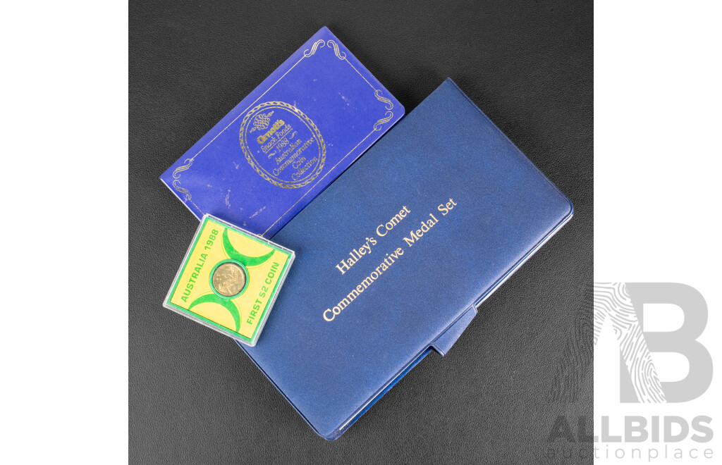 Australian UNC Coins Including 1988 Arnott's Three Coin Set, 1988 Two Dollar Coin, First Year Issue, Halley's Comet 1986 Commemorative Medal Set