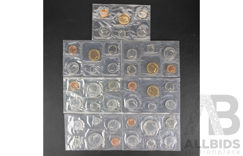 Seven Royal Canadian Mint UNC Coin Year Sets Including 1984, 1986, 1987, 1988, 1989, 1990, 1991
