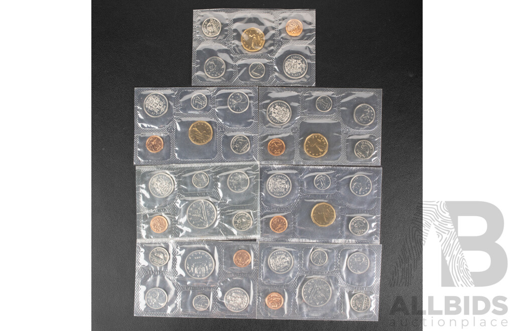 Seven Royal Canadian Mint UNC Coin Year Sets Including 1984, 1986, 1987, 1988, 1989, 1990, 1991