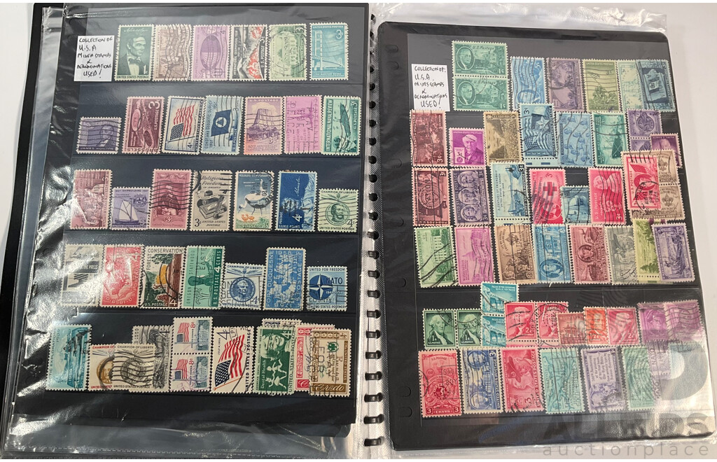 Album of Vintage USA Stamps, Examples Spanning 1870's to 1980's Including Benjamin Franklin, George Washington, James A. Garfield, Black Heritage and More