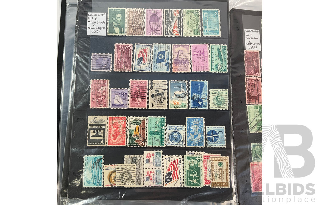 Album of Vintage USA Stamps, Examples Spanning 1870's to 1980's Including Benjamin Franklin, George Washington, James A. Garfield, Black Heritage and More