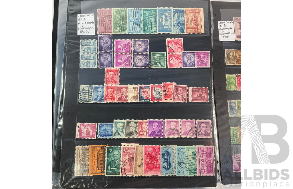 Album of Vintage USA Stamps, Examples Spanning 1870's to 1980's Including Benjamin Franklin, George Washington, James A. Garfield,  Black Heritage and More