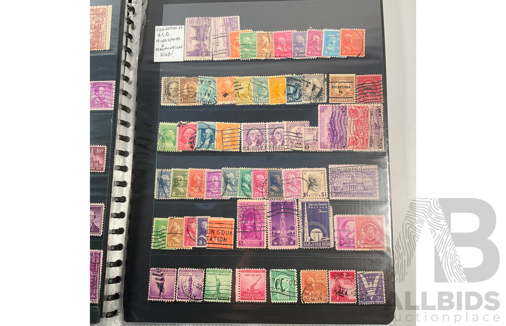 Album of Vintage USA Stamps, Examples Spanning 1870's to 1980's Including Benjamin Franklin, George Washington, James A. Garfield,  Black Heritage and More