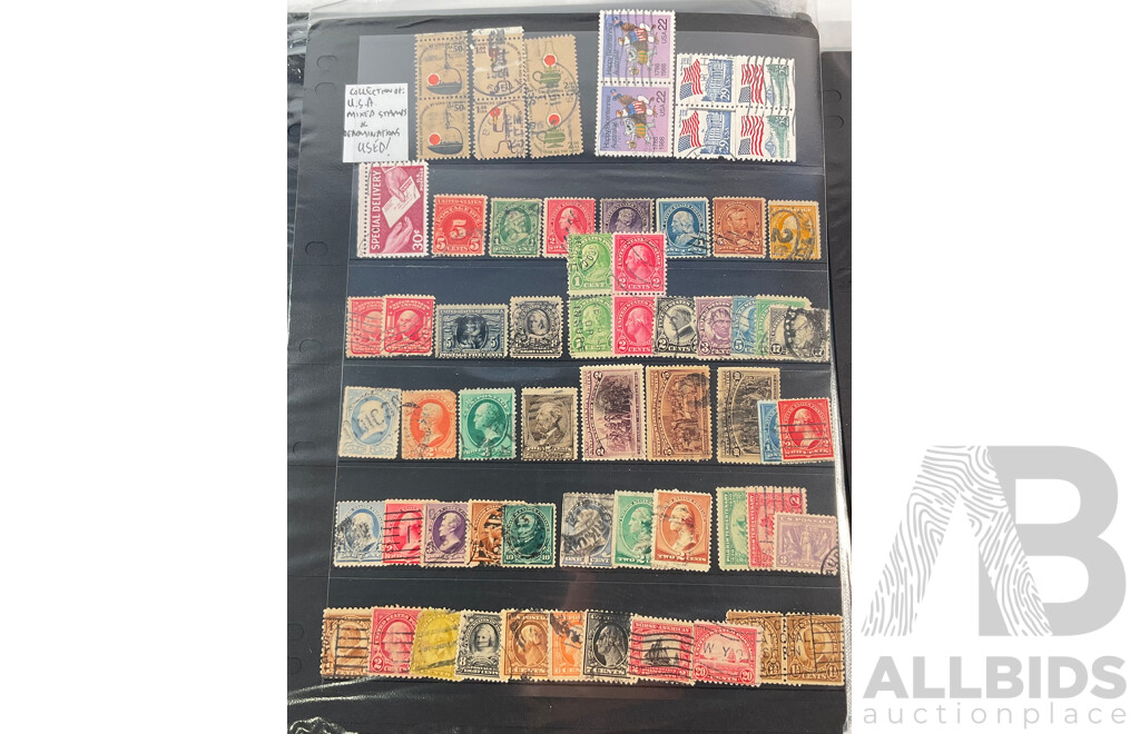 Album of Vintage USA Stamps, Examples Spanning 1870's to 1980's Including Benjamin Franklin, George Washington, James A. Garfield,  Black Heritage and More
