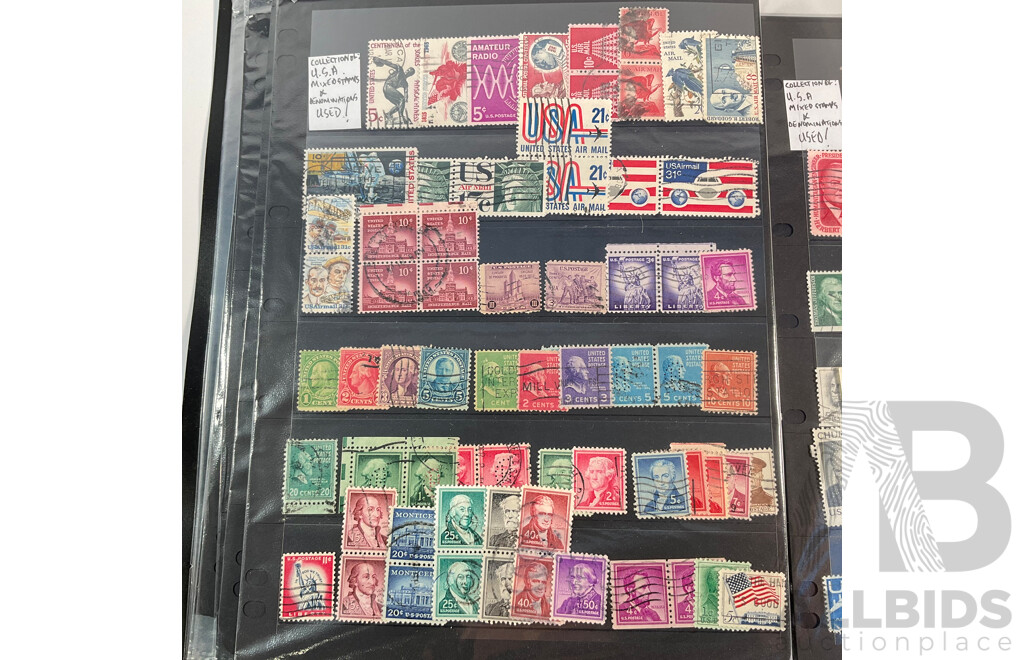 Album of Vintage USA Stamps, Examples Spanning 1870's to 1980's Including Benjamin Franklin, George Washington, James A. Garfield,  Black Heritage and More
