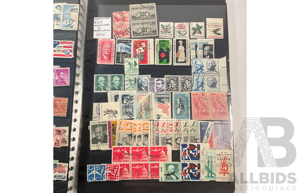 Album of Vintage USA Stamps, Examples Spanning 1870's to 1980's Including Benjamin Franklin, George Washington, James A. Garfield,  Black Heritage and More