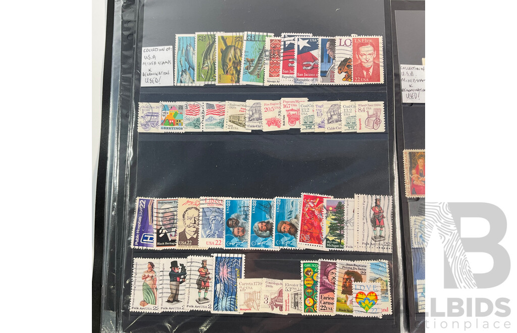 Album of Vintage USA Stamps, Examples Spanning 1870's to 1980's Including Benjamin Franklin, George Washington, James A. Garfield,  Black Heritage and More