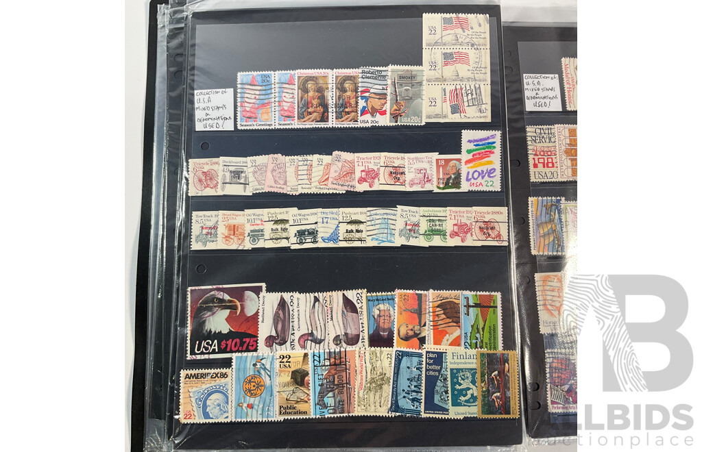 Album of Vintage USA Stamps, Examples Spanning 1870's to 1980's Including Benjamin Franklin, George Washington, James A. Garfield,  Black Heritage and More