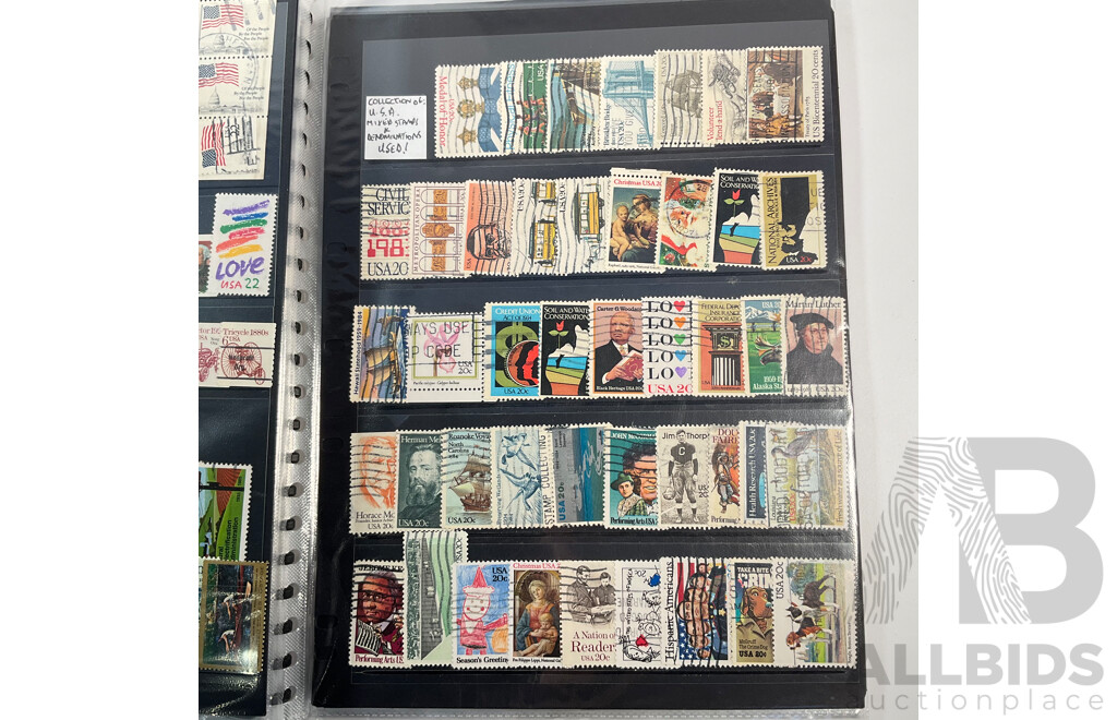 Album of Vintage USA Stamps, Examples Spanning 1870's to 1980's Including Benjamin Franklin, George Washington, James A. Garfield,  Black Heritage and More