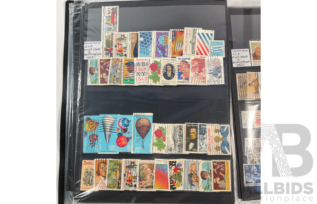 Album of Vintage USA Stamps, Examples Spanning 1870's to 1980's Including Benjamin Franklin, George Washington, James A. Garfield,  Black Heritage and More